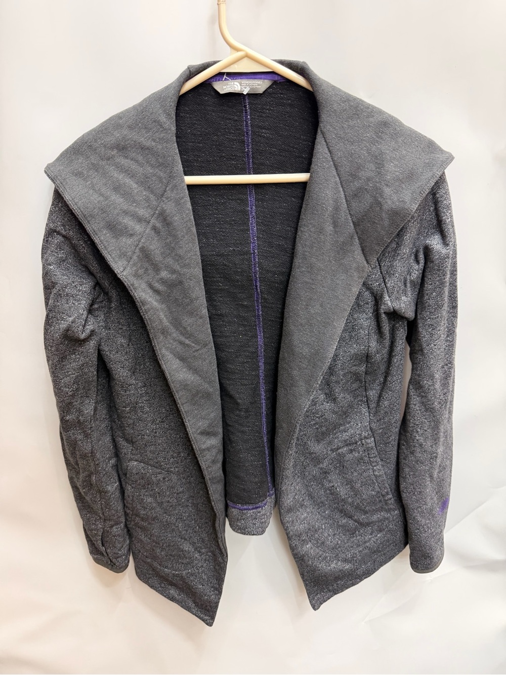 North Face Gray Open-Front Draped Jacket with Purple Stitching women’s size MED
